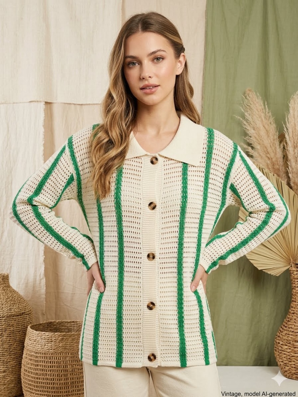 VTG Style Crochet Knit Cardigan Top Cream Green Striped Long Sleeve Polo CollarM
